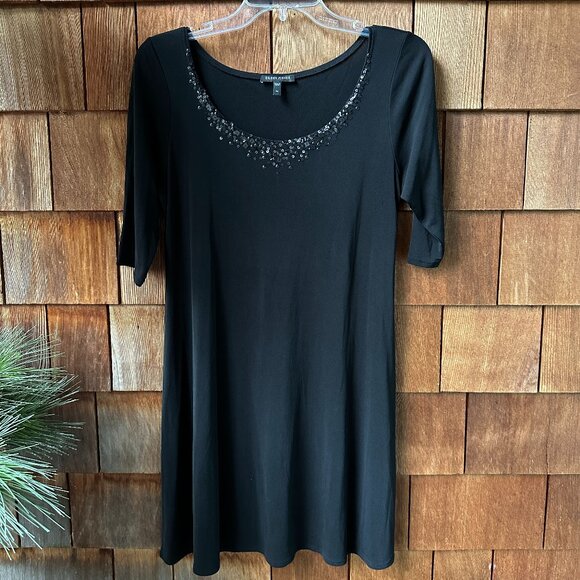 EUC Eileen Fisher Black Silk Sequin Neckline Stretch Knit A-Line Dress - Medium - Picture 1 of 11